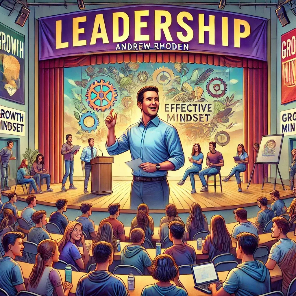 An illustration of Andrew Rhoden fostering leadership among college students in an engaging auditorium setting. He discusses team-building and decision-making while students take notes and participate in group activities. The background features banners reading