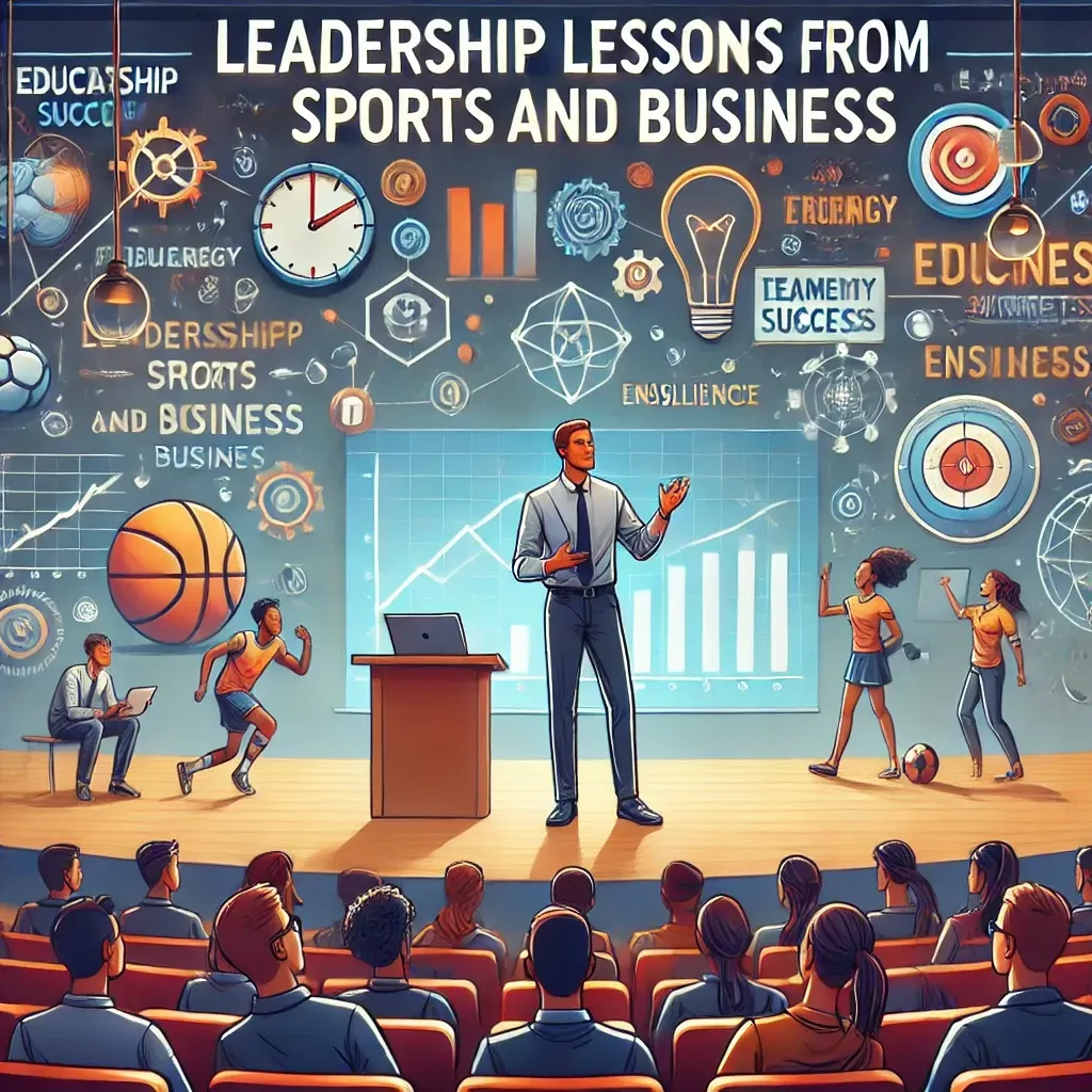 An illustration of Andrew Rhoden delivering a motivational talk on leadership to a diverse audience in a modern auditorium. The scene highlights themes of sports success and business strategies, with banners reading