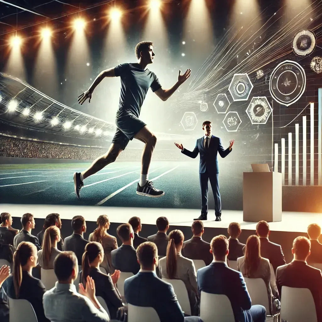 A professional motivational speaker passionately addressing a diverse audience in a modern conference hall. The audience includes professionals, students, and athletes, representing unity and inspiration. Subtle imagery of sports elements like a track field and teamwork blends into the professional setting, symbolizing the connection between sports motivation and leadership.