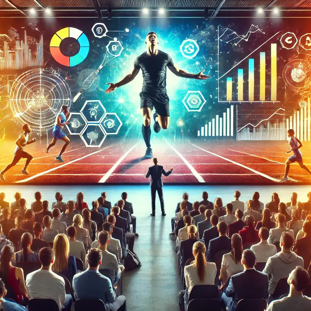 An inspiring image of a motivational speaker addressing a mixed audience of athletes and professionals in a vibrant auditorium. The speaker gestures dynamically, capturing the attention of an engaged and energized audience. The background blends sports and business themes, featuring subtle visuals like a running track, business charts, and teamwork elements, symbolizing the connection between sports motivation and professional growth. The lighting enhances the uplifting and empowering atmosphere.