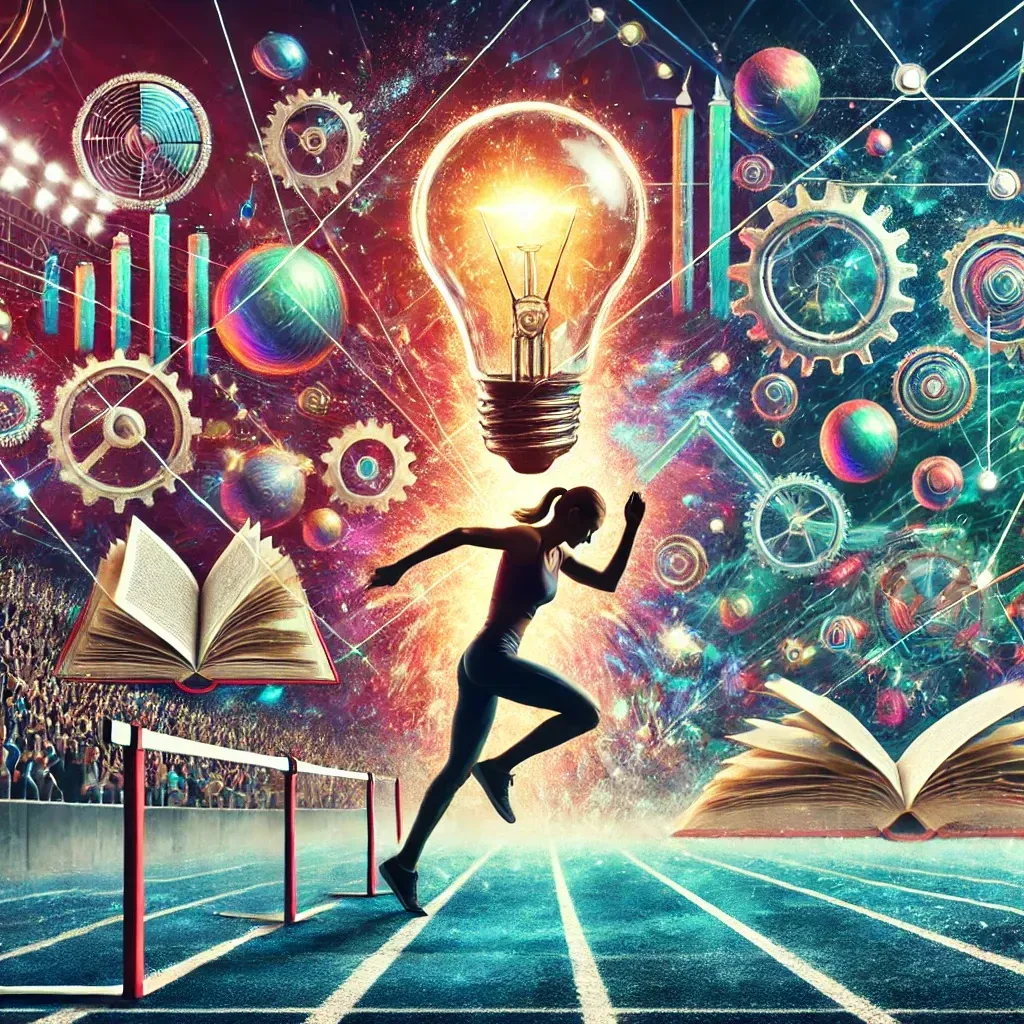 A vibrant image of an athlete triumphantly crossing a finish line, symbolizing resilience and success. The background features abstract visuals blending self-help themes, such as books, a glowing light bulb representing ideas, and gears symbolizing strategic thinking. The scene is set in a stadium filled with a cheering audience, highlighting the connection between sports, leadership, and personal growth in an inspiring and dynamic composition.