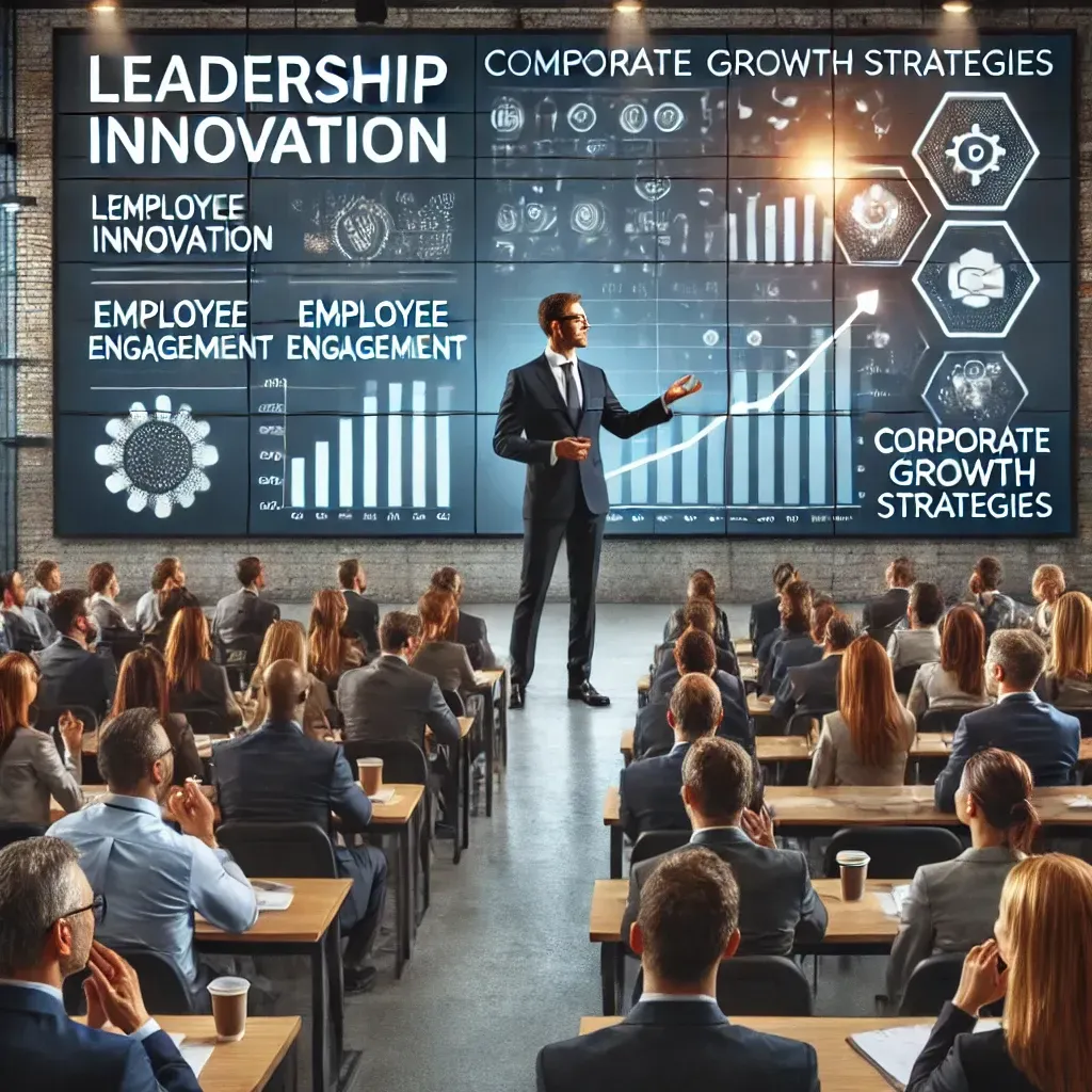 A corporate conference setting with a charismatic business speaker on stage delivering a presentation on leadership and growth strategies. Behind the speaker, a large screen highlights key points such as 