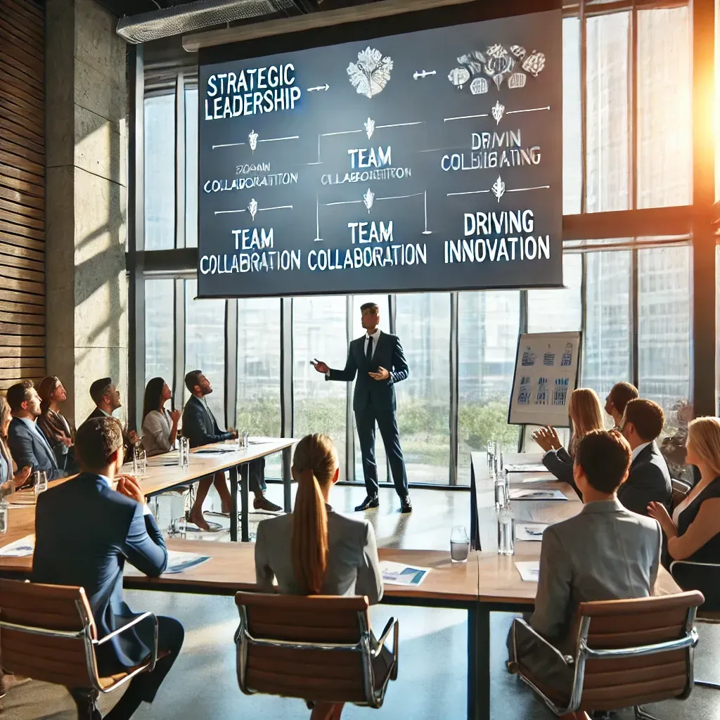 A business consulting speaker delivering an inspiring presentation in a modern corporate conference room. The speaker confidently engages a diverse audience of business professionals, with a screen behind displaying key points like 