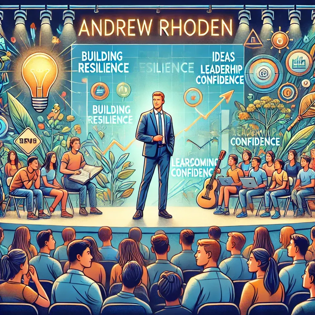 An illustration of Andrew Rhoden delivering a motivational speech to students and young professionals. He stands confidently on a stage in a vibrant auditorium, engaging a diverse and attentive audience. A large screen behind him displays themes like 