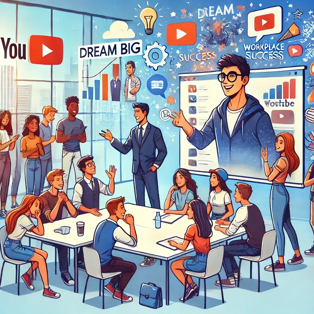 An illustration highlighting Andrew Rhoden’s impact as a motivational speaker. The scene shows Andrew engaging with students and young professionals during a workshop. Students brainstorm ideas at a table, while young professionals participate in a group discussion. A projector in the background displays themes like 
