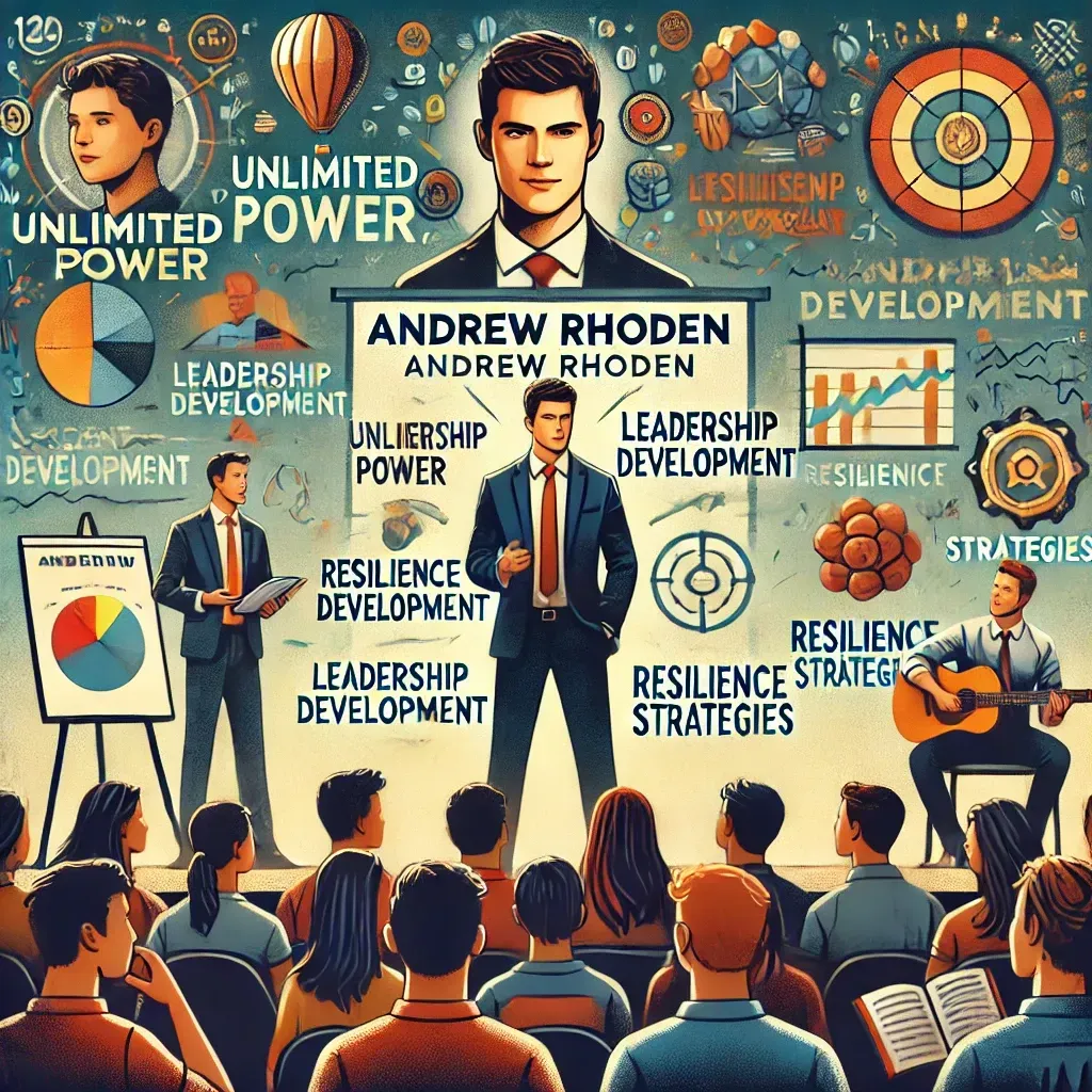 An illustration of Andrew Rhoden delivering a motivational speech to students and young professionals. He stands confidently on stage, engaging an energized audience with a presentation. Behind him, a screen highlights themes like 