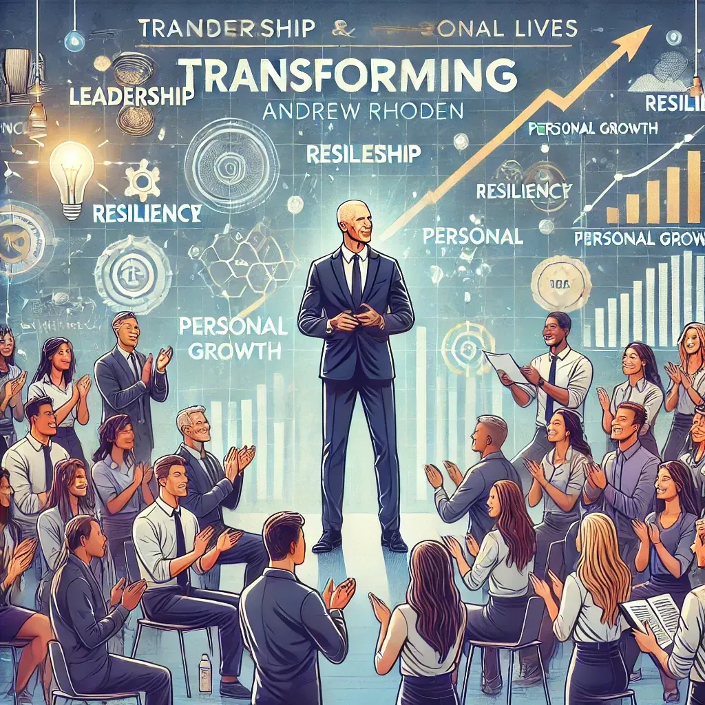 An illustration of Andrew Rhoden delivering a motivational speech to a diverse audience of students, young professionals, and corporate teams. He stands passionately on stage with a screen behind him displaying words like 