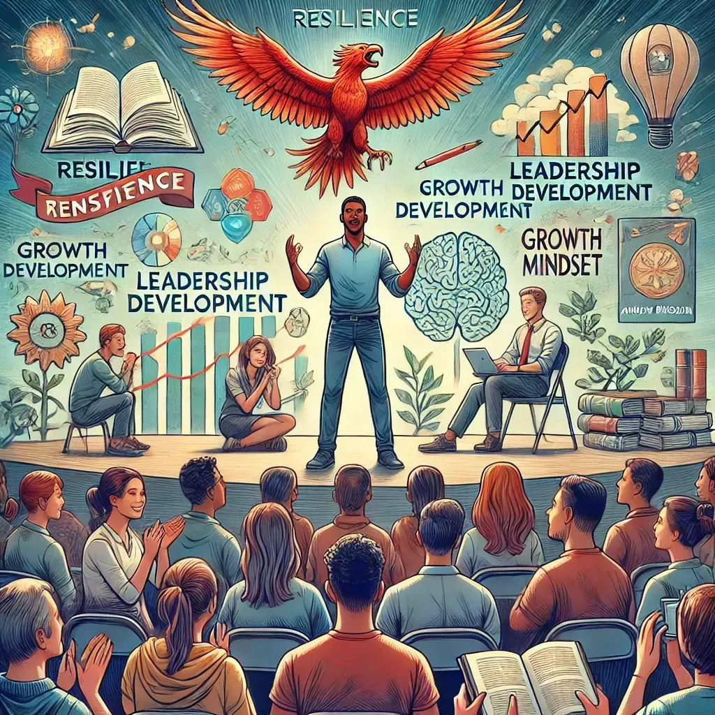 An illustration of Andrew Rhoden delivering a transformative motivational speech to a diverse audience of students and young professionals. Andrew stands on stage, passionately engaging the audience with a screen behind him displaying themes like 