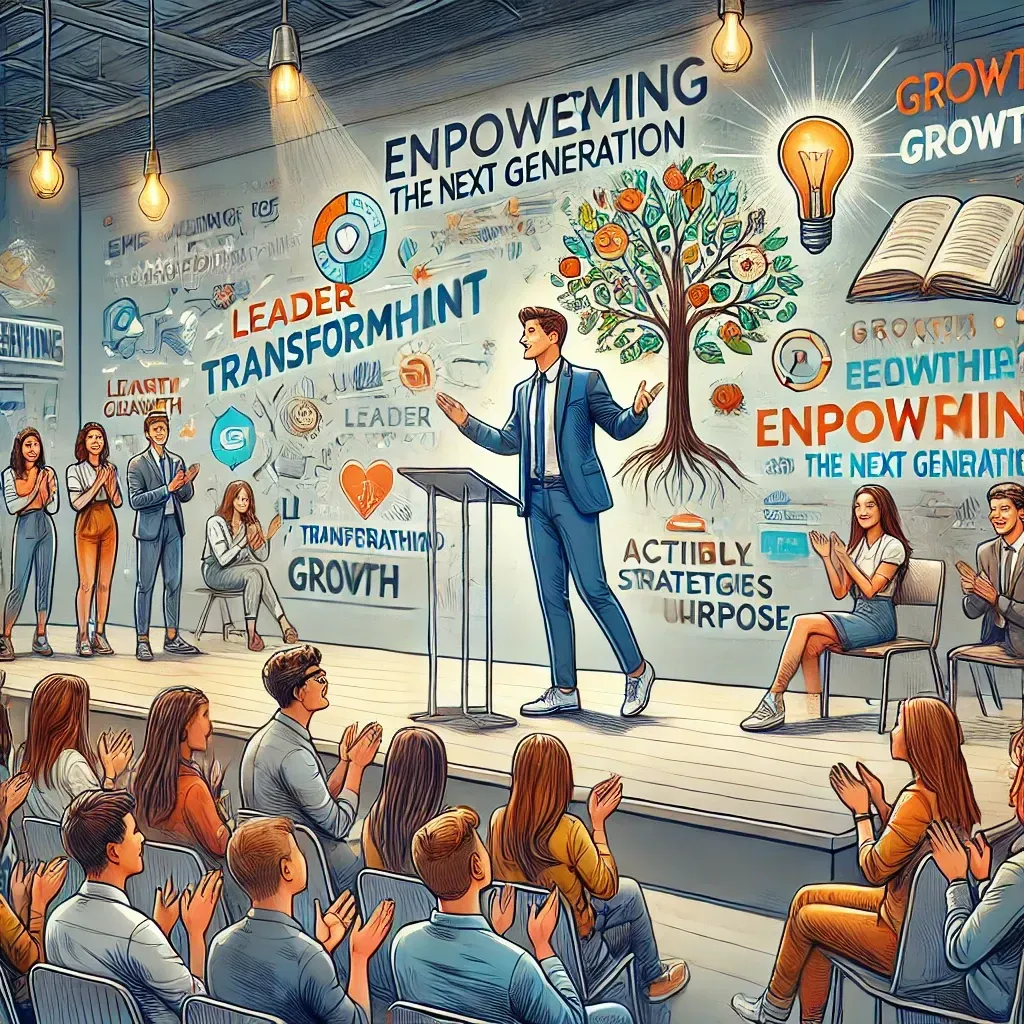 An illustration of Andrew Rhoden delivering a motivational speech to a diverse audience of students and young professionals in a modern auditorium. Andrew stands on stage passionately engaging the audience, with a screen behind him displaying themes like 