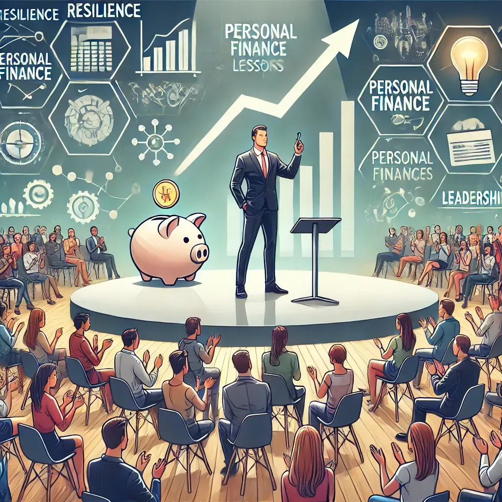An illustration of Andrew Rhoden delivering a keynote speech at a large conference hall. He stands confidently on stage, engaging a diverse audience of students, professionals, and corporate teams. Behind him, a screen displays themes like 