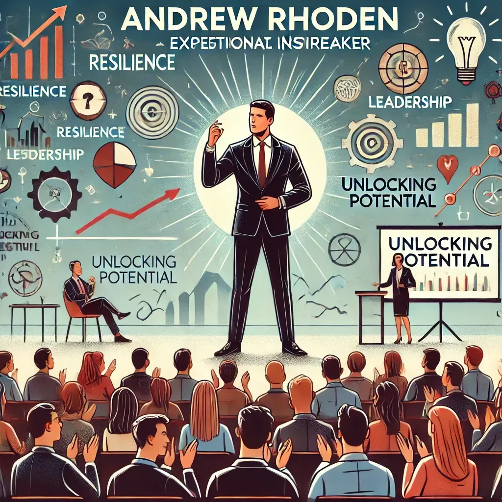 An illustration of Andrew Rhoden delivering an inspirational speech to a diverse audience in a modern auditorium. Andrew stands on stage, passionately sharing stories and actionable insights, with a screen behind him displaying themes like 