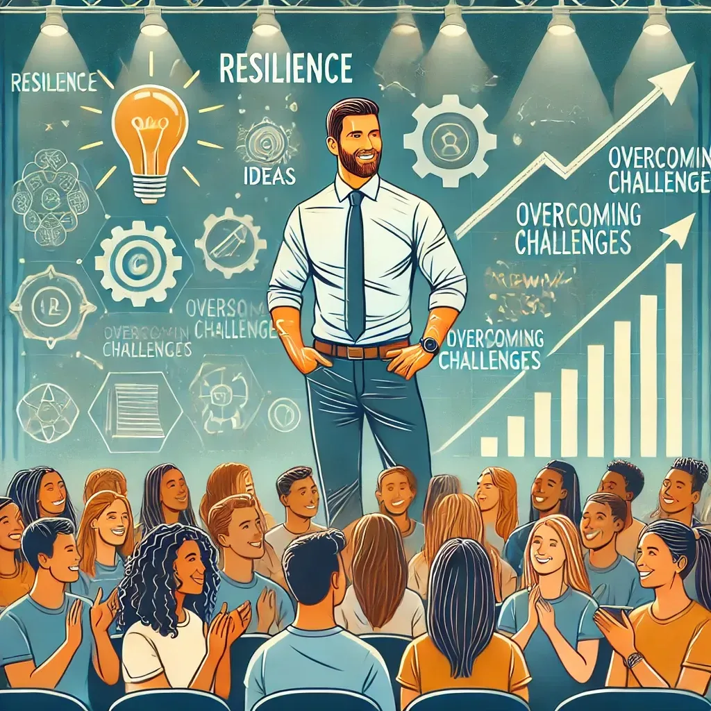 An illustration of Andrew Rhoden delivering a motivational speech to students and young professionals in a modern auditorium. Andrew stands confidently on stage, with a screen behind him displaying themes like 