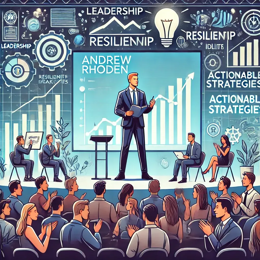 An illustration of Andrew Rhoden delivering a motivational speech in a modern conference hall. He stands confidently on stage, engaging a diverse audience of students and young professionals. Behind him, a large screen displays themes like 