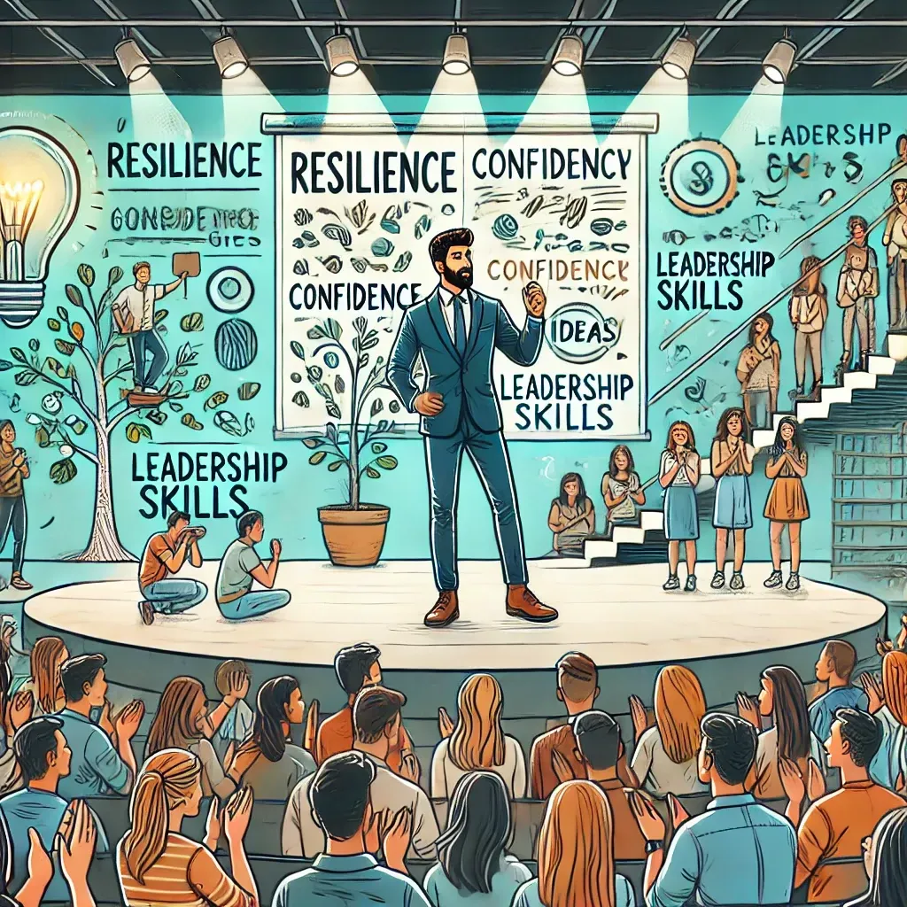 An illustration of Andrew Rhoden delivering a transformative motivational speech to a diverse audience of students and young professionals in a modern auditorium. Andrew stands on stage, passionately sharing stories and strategies, with a screen behind him displaying themes like 