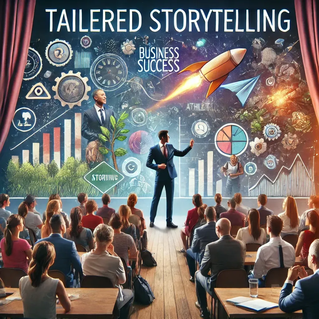 A powerful image showcasing tailored storytelling in motivational speaking. The scene features a dynamic speaker engaging a diverse audience with a vibrant presentation, including projected visuals highlighting themes like business success, overcoming adversity, and athletic development. The audience, composed of professionals and individuals from various backgrounds, listens attentively, reflecting the adaptability of the speaker’s message. The background includes storytelling elements such as books, microphones, and growth icons, symbolizing the emotional and practical impact of motivational narratives. The tone conveys inclusivity, inspiration, and empowerment.