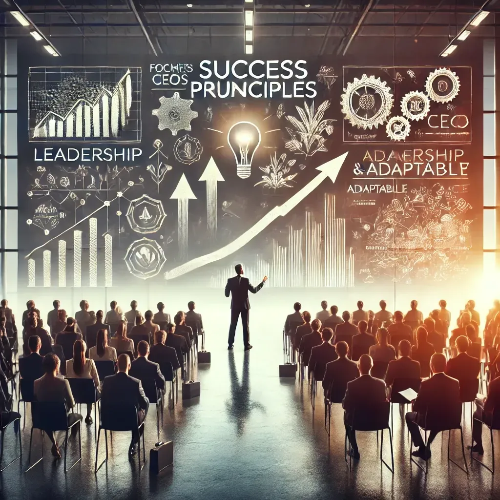 An inspiring image showcasing success principles shared by former CEOs and motivational speakers. The scene depicts a dynamic keynote speaker addressing a professional audience in a modern conference hall, with a projection highlighting leadership and growth principles. Audience members are engaged, taking notes attentively. The background features subtle symbols of leadership, adaptability, and resilience, including upward arrows, gears, and lightbulbs, emphasizing the transformative power of storytelling for personal and professional growth. The tone conveys professionalism, motivation, and empowerment.