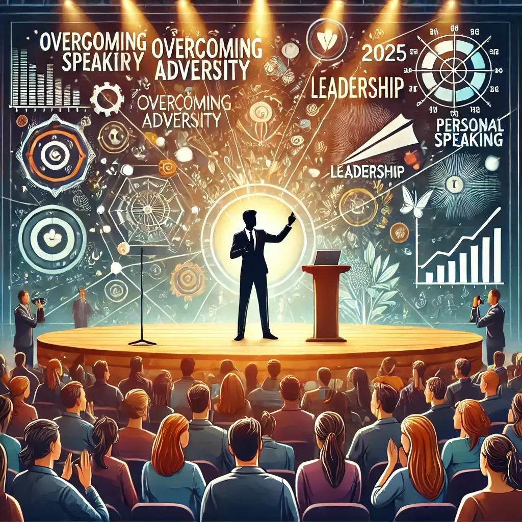 An illustration of a motivational speaker on stage in a modern auditorium, dynamically addressing a diverse audience with engaging body language and storytelling visuals on a large screen. Icons representing adversity, leadership, and personal growth float in the background, emphasizing inspiration and empowerment in 2025.
