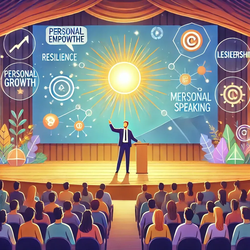 An illustration of an inspirational speaker addressing a diverse audience in a grand auditorium, passionately gesturing with a large screen behind displaying visuals of a rising sun and motivational phrases. Icons representing personal growth, resilience, and leadership float around the stage, symbolizing the transformative impact of motivational speaking.