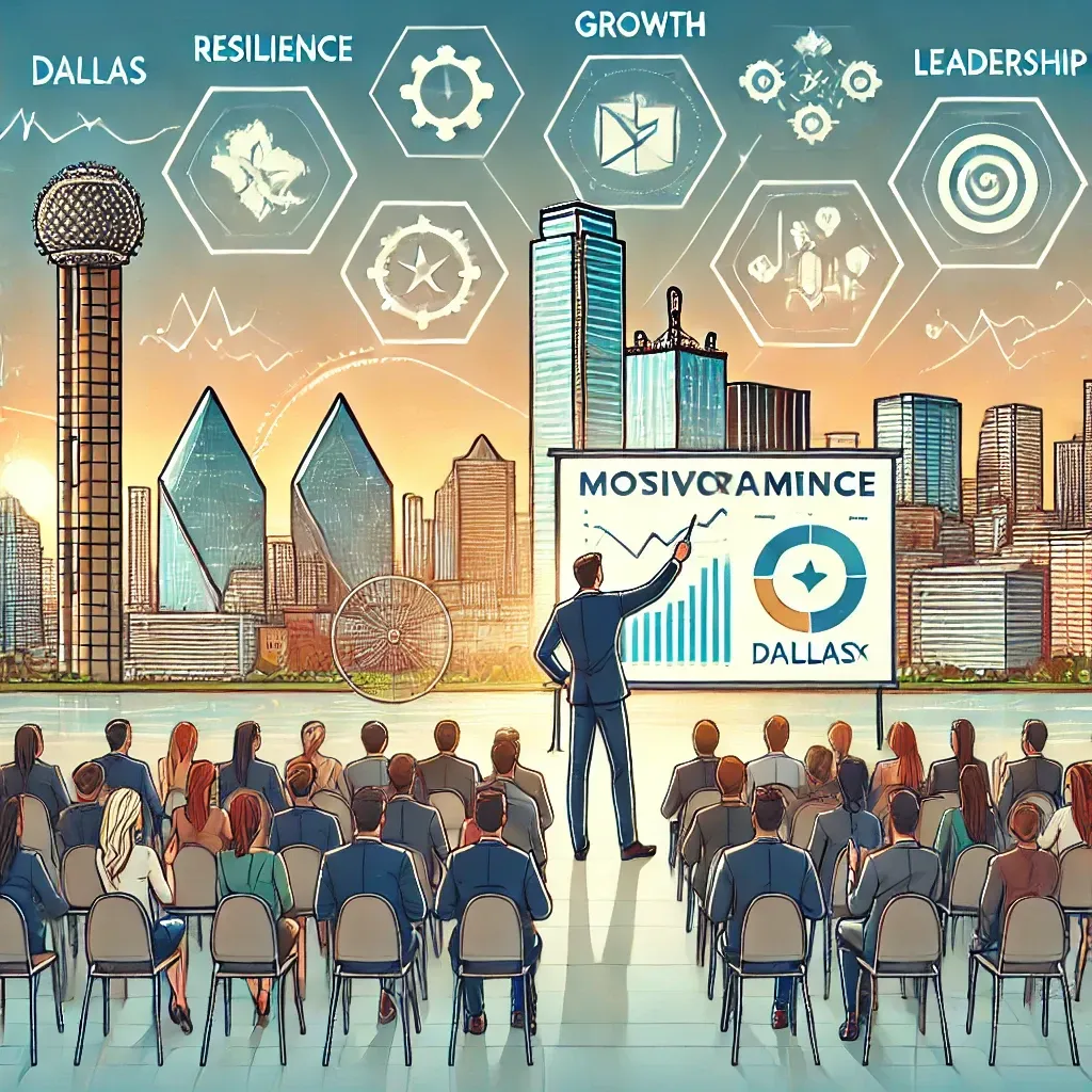 An illustration of a motivational speaker addressing a diverse audience in a modern Dallas, TX conference setting, with the Dallas skyline visible in the background. The speaker gestures dynamically with empowering phrases and goal-setting charts displayed on a large screen. Icons for resilience, growth, and leadership emphasize the tailored impact of motivational speaking for the local community.