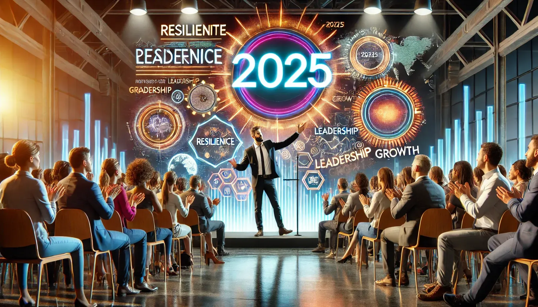 A man is standing on a stage in front of a crowd of people.