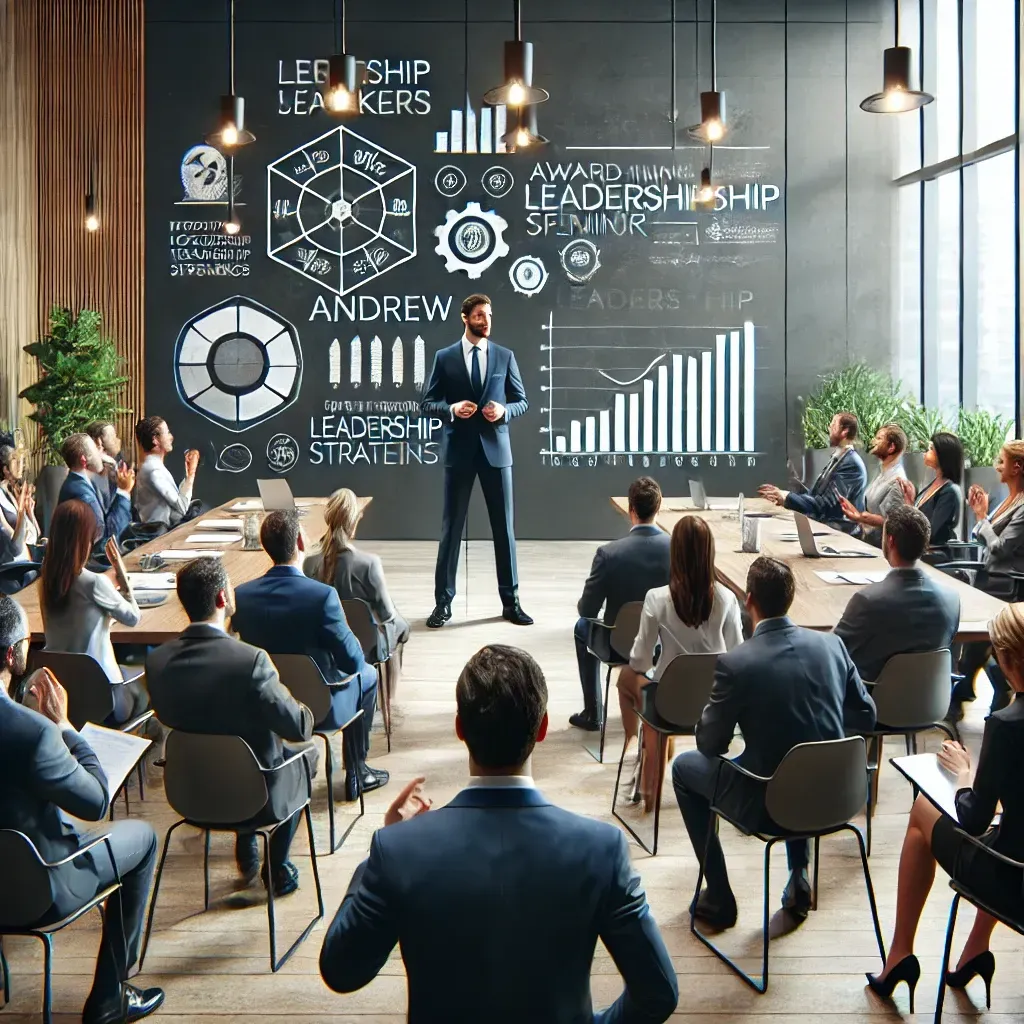 A dynamic leadership seminar featuring a charismatic keynote speaker, Andrew, addressing a group of executives and managers in a modern conference room. The audience is engaged, taking notes as the speaker discusses leadership strategies displayed on a large screen. The room exudes collaborative energy, with motivational quotes and leadership graphics in the background, emphasizing growth, team-building, and transformative decision-making.