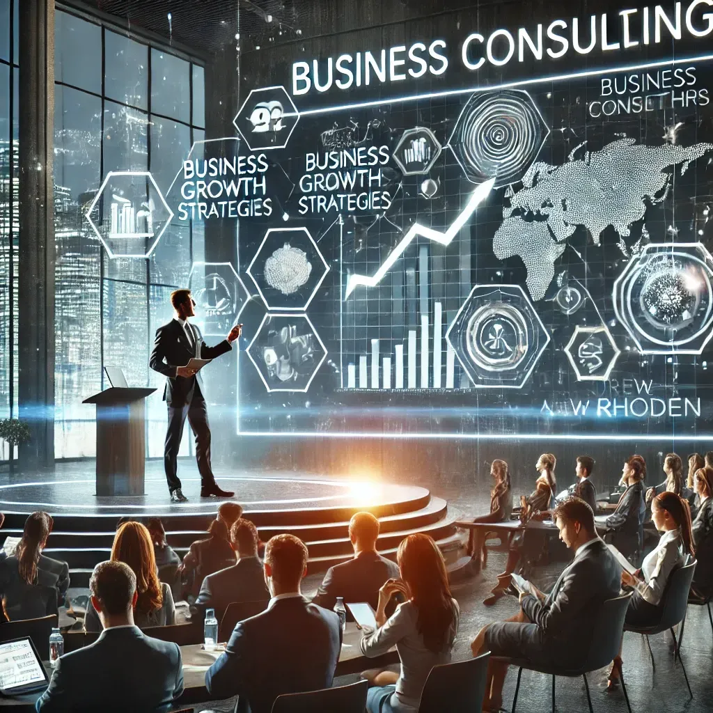 A professional corporate event featuring Andrew Rhoden, a business consulting speaker, addressing an engaged audience in a modern auditorium. A large presentation screen behind him displays business growth strategies and leadership concepts. The audience, equipped with notebooks and digital devices, reflects an atmosphere of collaboration, innovation, and professional development.