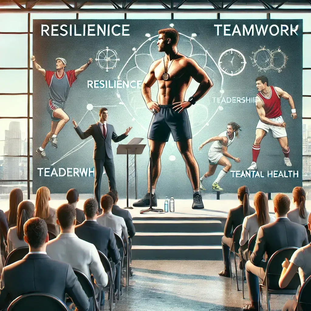 A sports speaker delivers a motivational presentation in a corporate setting, emphasizing leadership, teamwork, and mental health. The speaker stands confidently on stage with a microphone, while a large screen behind displays images of iconic athletes and motivational keywords like 'Resilience' and 'Leadership.' The diverse audience, including professionals and sports enthusiasts, listens attentively, showcasing engagement and inspiration.