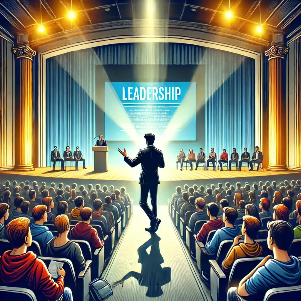 A motivational speaker stands on a well-lit stage, addressing a large audience of college students in a university auditorium. The speaker gestures passionately while students attentively listen and take notes. A large screen behind the speaker displays an inspiring message about leadership and resilience. The atmosphere is vibrant and engaging, reflecting the energy of a powerful and motivational session designed to inspire young adults.