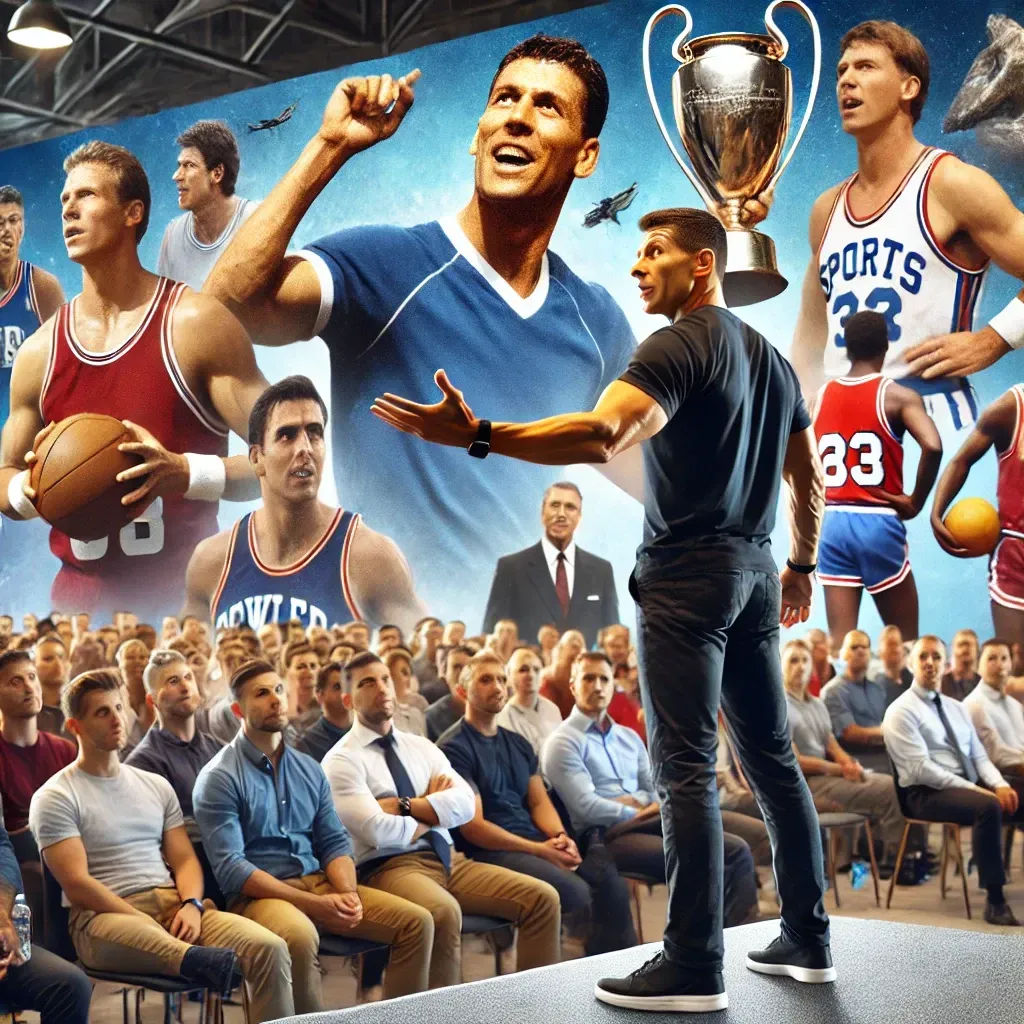 A motivational sports speaker addressing an engaged audience, sharing inspiring stories of resilience and overcoming adversity in sports and life.