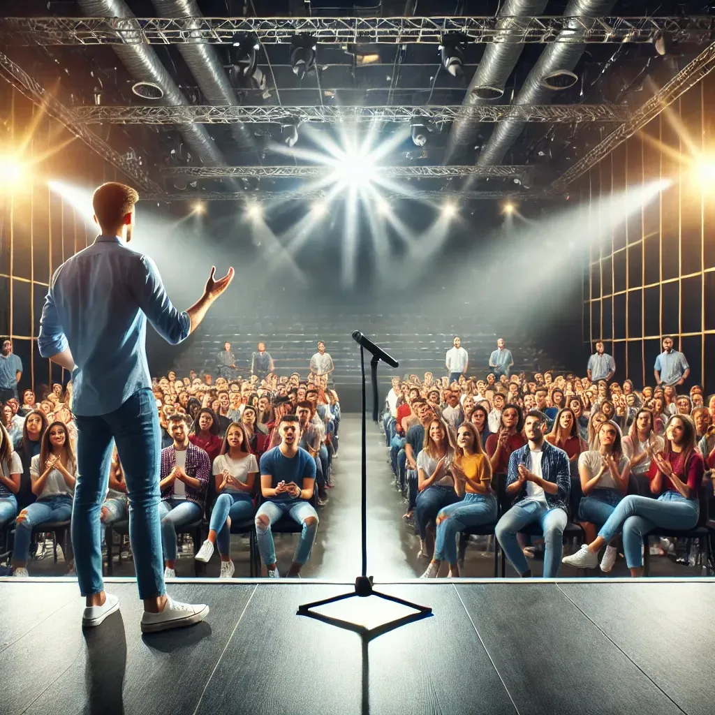 A dynamic motivational speaker addressing a large group of young individuals in a modern auditorium. The speaker, standing confidently on stage, is gesturing passionately while the audience listens attentively. The setting includes bright stage lighting, a large screen displaying an inspiring message, and a diverse group of engaged youth. The atmosphere is energetic and uplifting, symbolizing leadership development and inspiration.