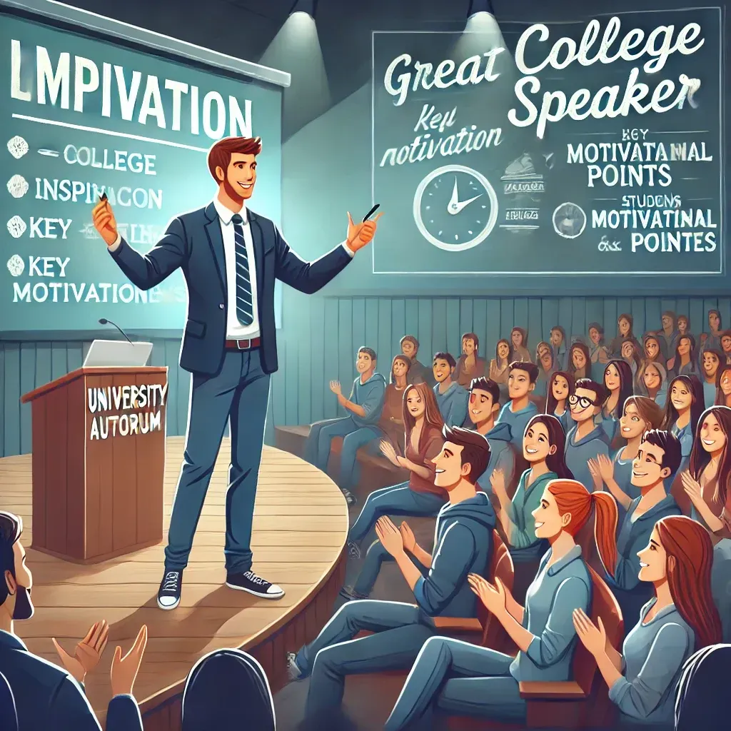 A dynamic college speaker delivers an inspiring talk to a packed university auditorium. The speaker engages the audience with expressive gestures while students attentively listen and take notes. The background features a large screen displaying key motivational points, emphasizing the impact of a great college speaker.
