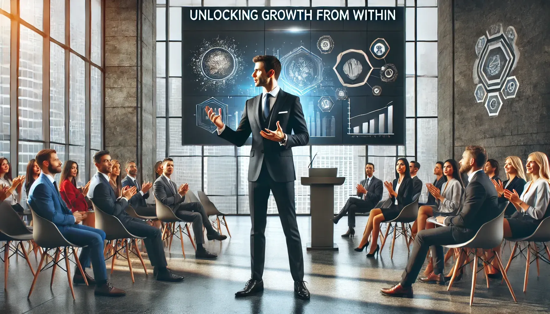 A professional keynote speaker stands at a podium in a modern conference room, confidently addressing a diverse business audience. A large screen behind him displays the phrase 
