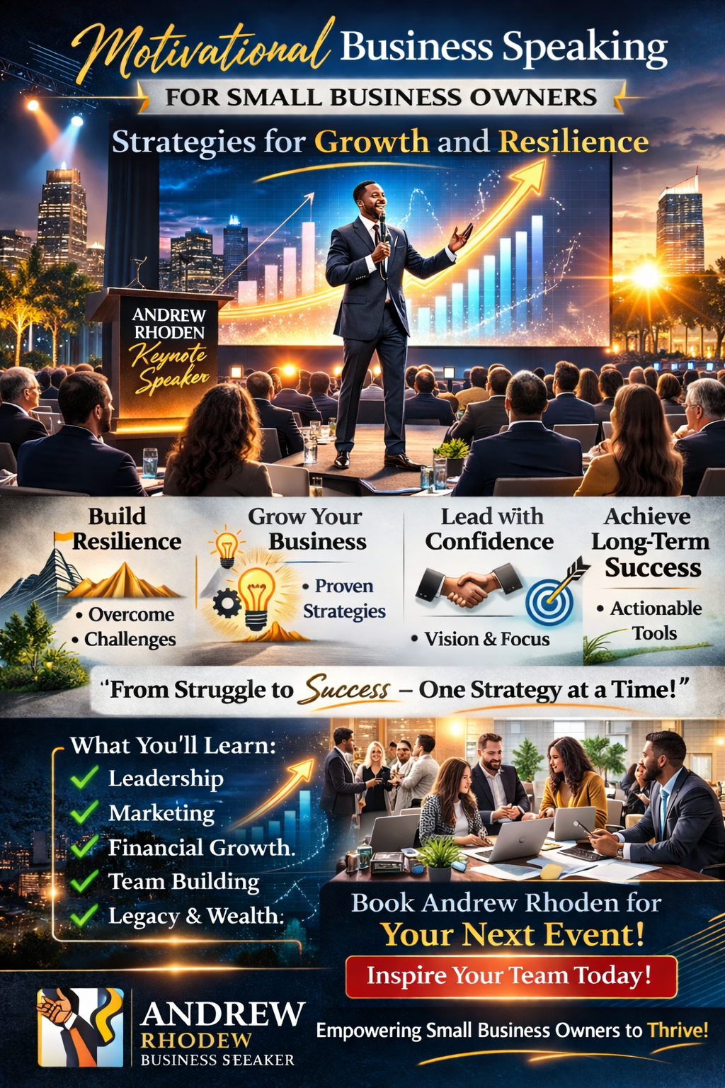 Andrew Rhoden, Business Speaker, titled “Motivational Business Speaking for Small Business Owners: Strategies for Growth and Resilience.” The image shows Andrew Rhoden on stage in a suit, speaking confidently to a large audience with a city skyline backdrop and an upward growth chart behind him. The design highlights themes such as building resilience, growing your business, leading with confidence, and achieving long-term success. A section lists learning topics including leadership, marketing, financial growth, team building, and legacy development. The poster invites viewers to book Andrew Rhoden for their next event and emphasizes inspiring teams to thrive.