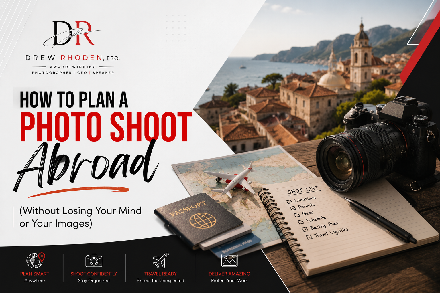 Travel photography banner with camera, notebook, map, and coastal European town view; text: 