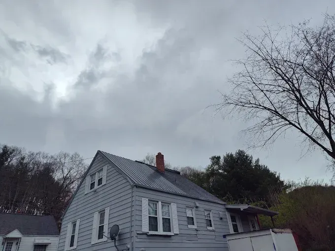 A light grey house with a dark metal roof and chimney sits under a cloudy, overcast sky, bordered by bare trees.