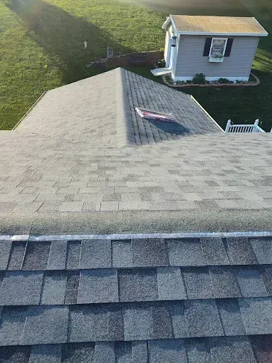 An elevated view looking down a gray shingled roof toward a small, light-colored shed in a grassy backyard.