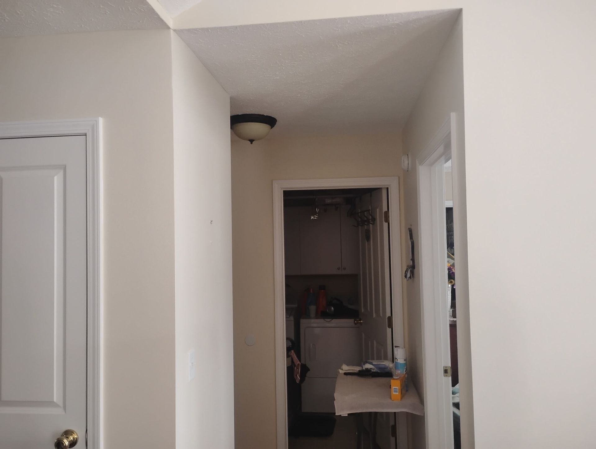 A hallway interior featuring white walls, a flush-mount light fixture, and two doorways leading to other rooms.