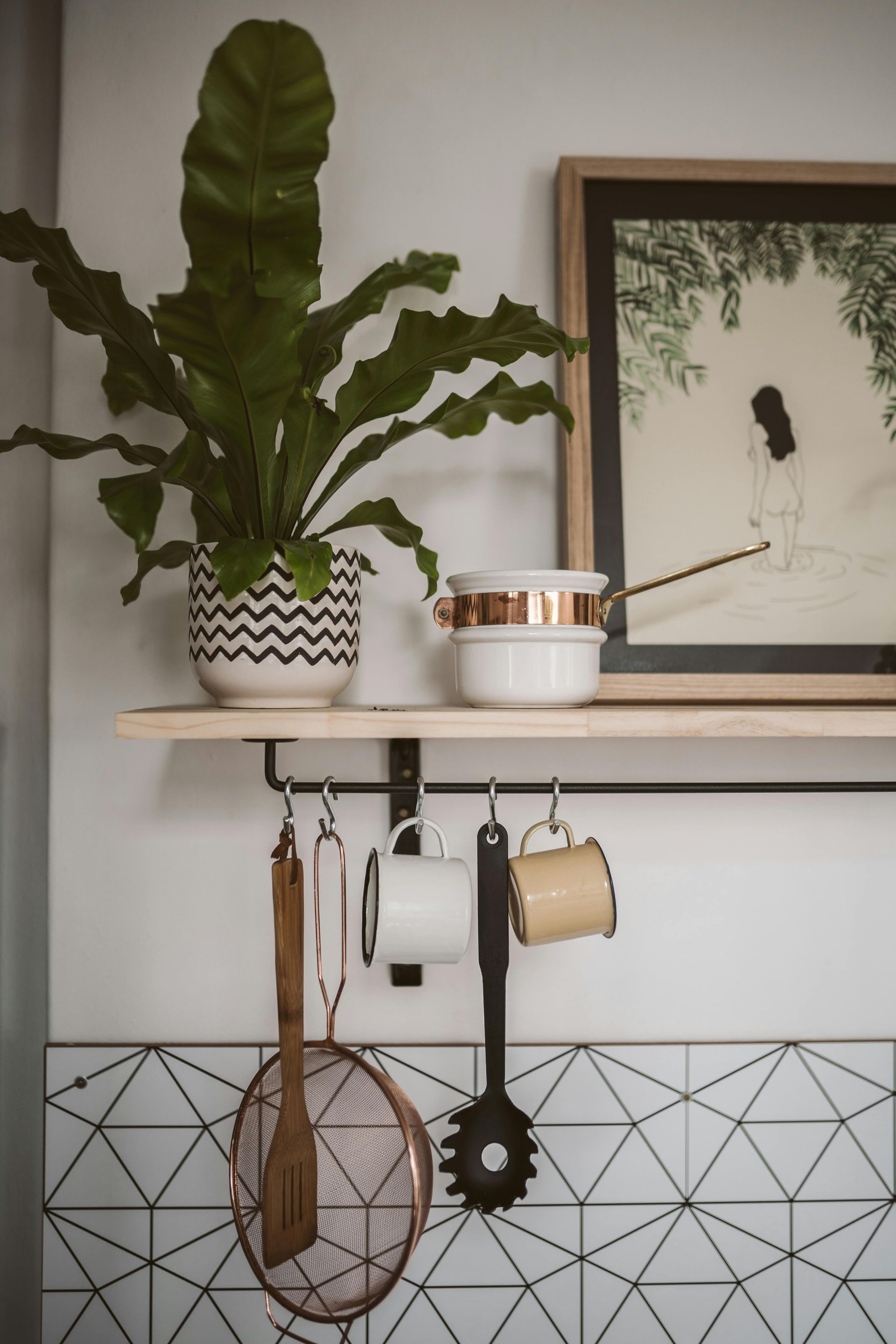 A shelf displays a potted plant, a small copper-rimmed pot, and a framed print, with kitchen tools hanging below.