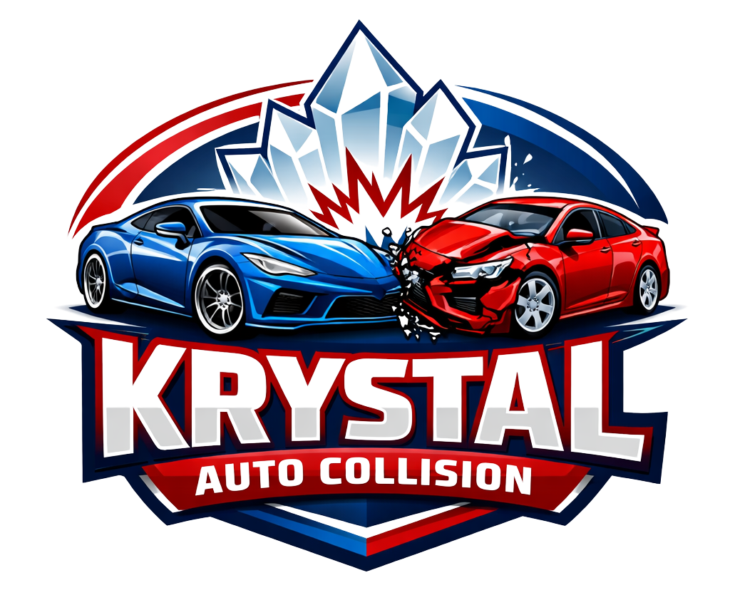 Logo for Krystal Auto Collision featuring a blue and a red car colliding in front of a crystal shape.
