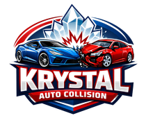 Logo for Krystal Auto Collision featuring a blue and a red car colliding in front of a crystal shape.