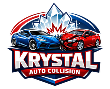 Logo for Krystal Auto Collision featuring a blue and a red car colliding in front of a crystal shape.