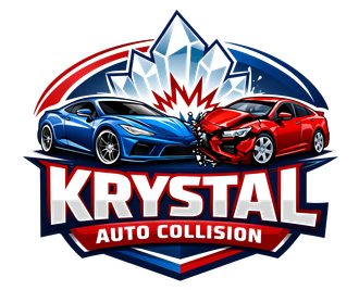 Logo for Krystal Auto Collision featuring a blue and a red car colliding in front of a crystal shape.