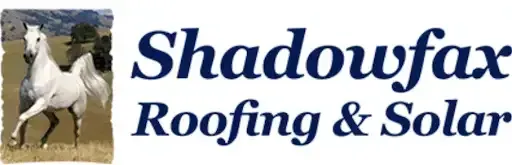 Logo for Shadowfax Roofing & Solar featuring a white horse on a field background next to the dark blue company name.