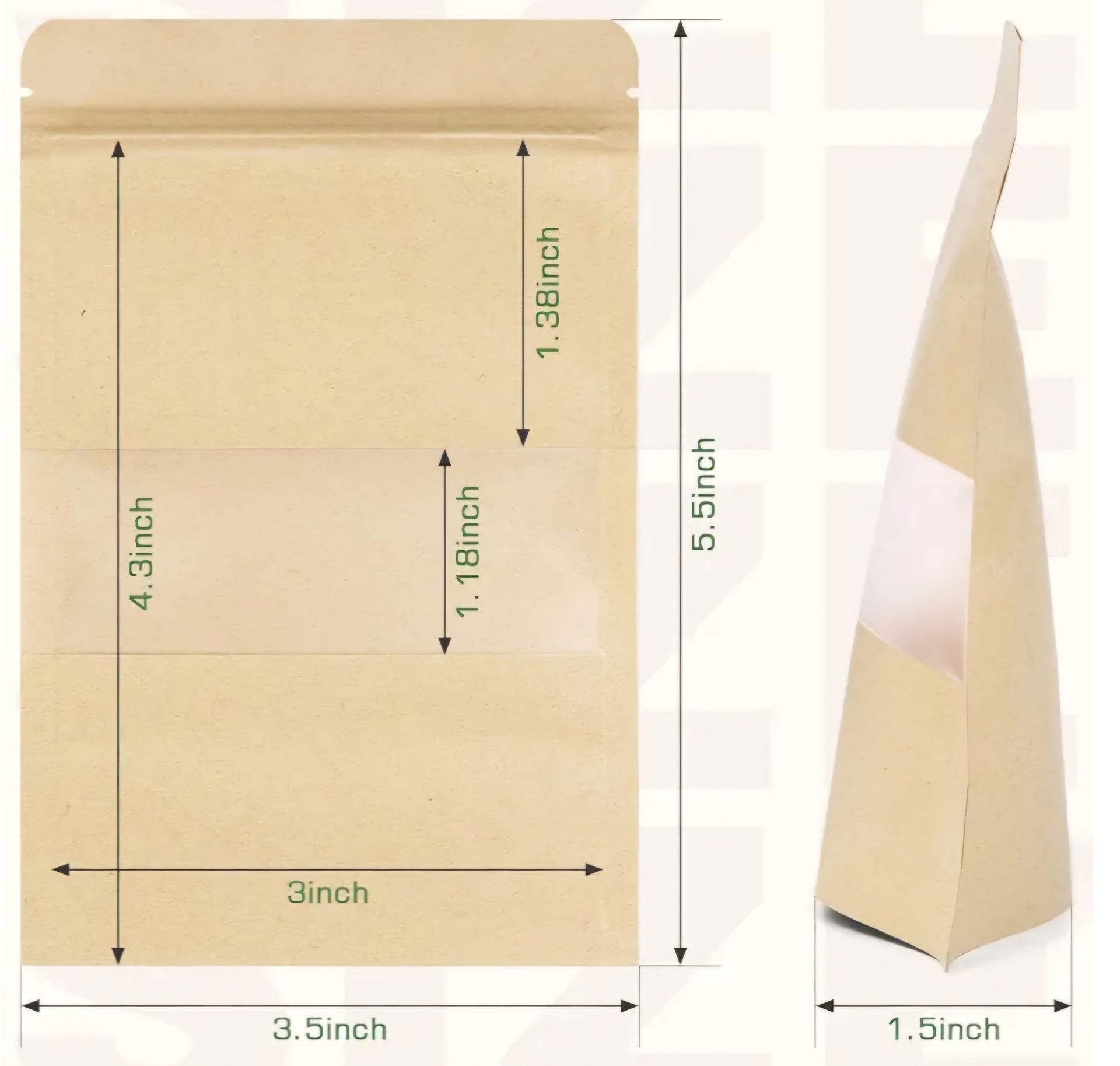 Kraft paper stand-up pouch with dimensions marked: 3.5x5.5 inch, 3x4.3 inch, with window and zipper seal.