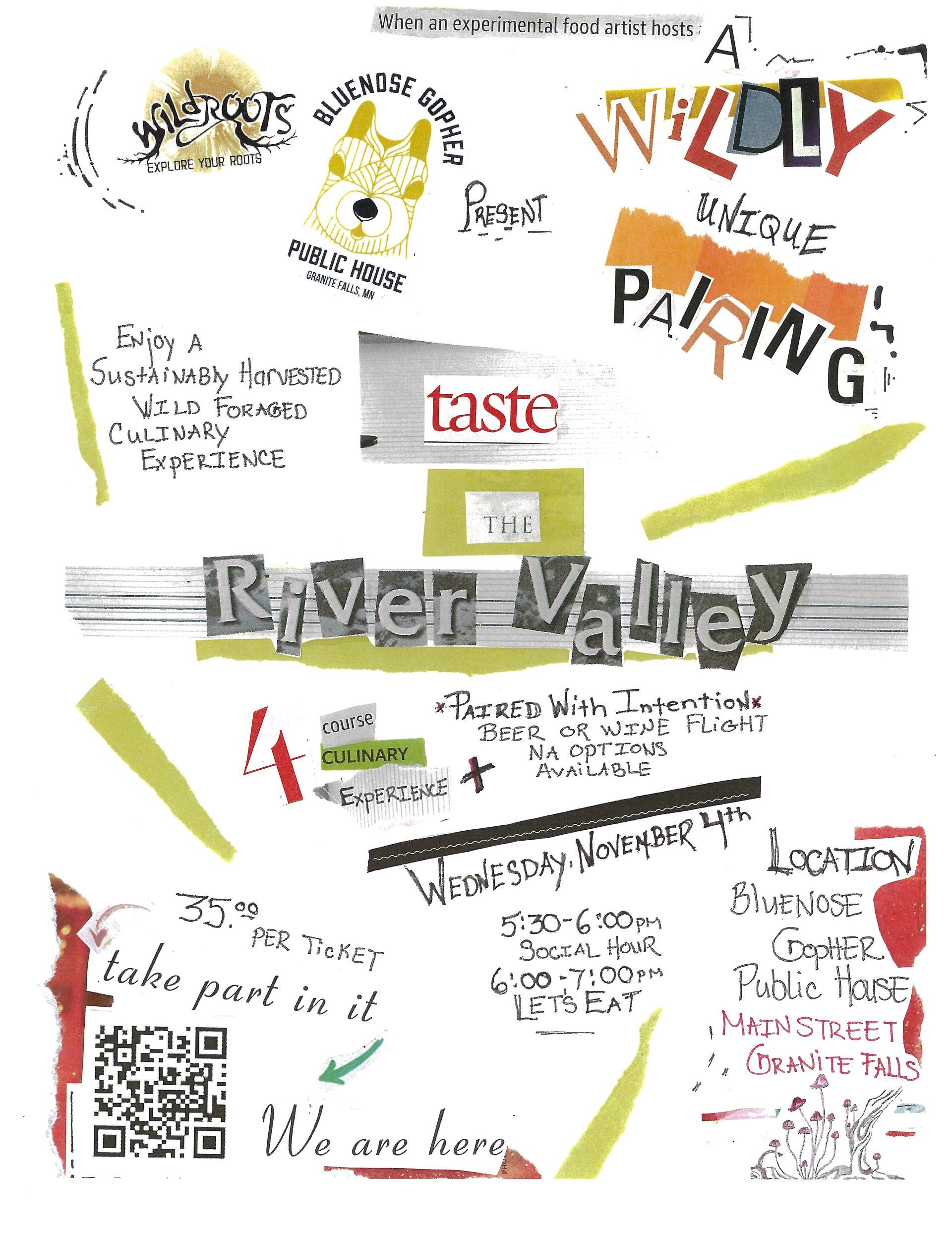 Flyer for Taste the River Valley, a wild foraged 4 course dinner