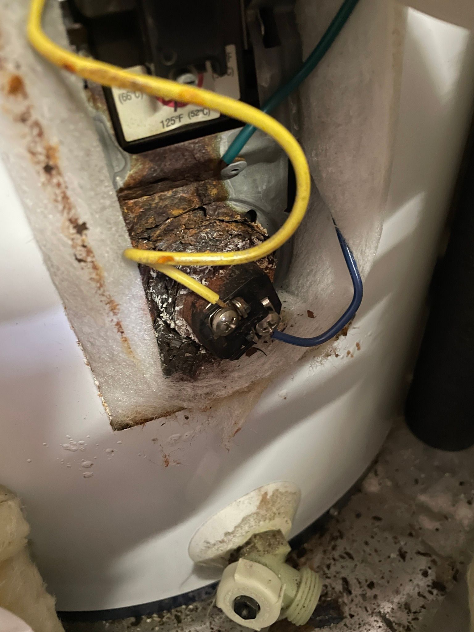 Corroded electrical components and wiring on a water heater, with visible residue and a white drain valve at the bottom.