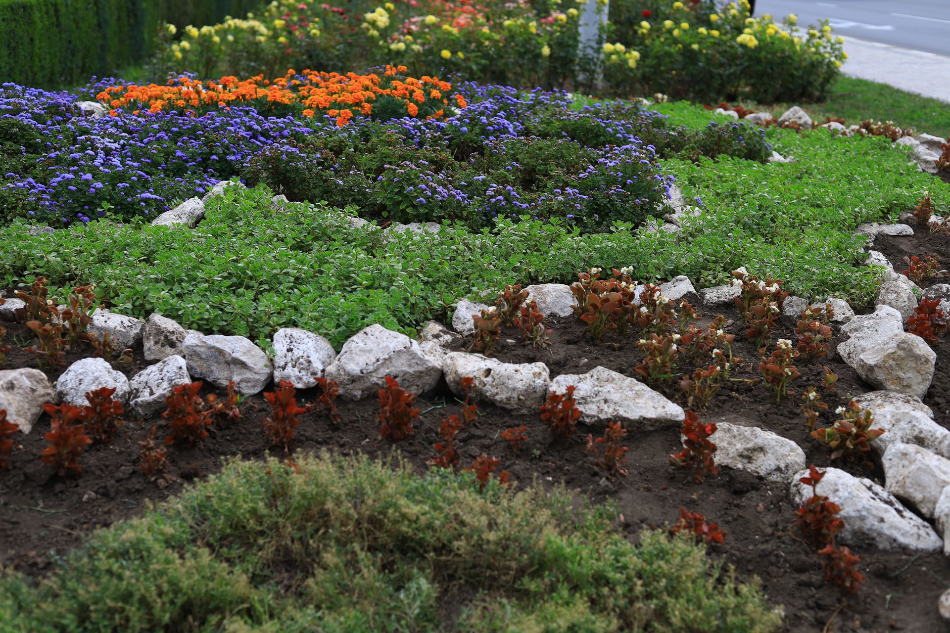 Colorful flower beds and green groundcover bordered by white rocks on a landscaped slope