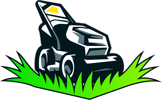 Stylized black lawn mower with white accents on bright green grass