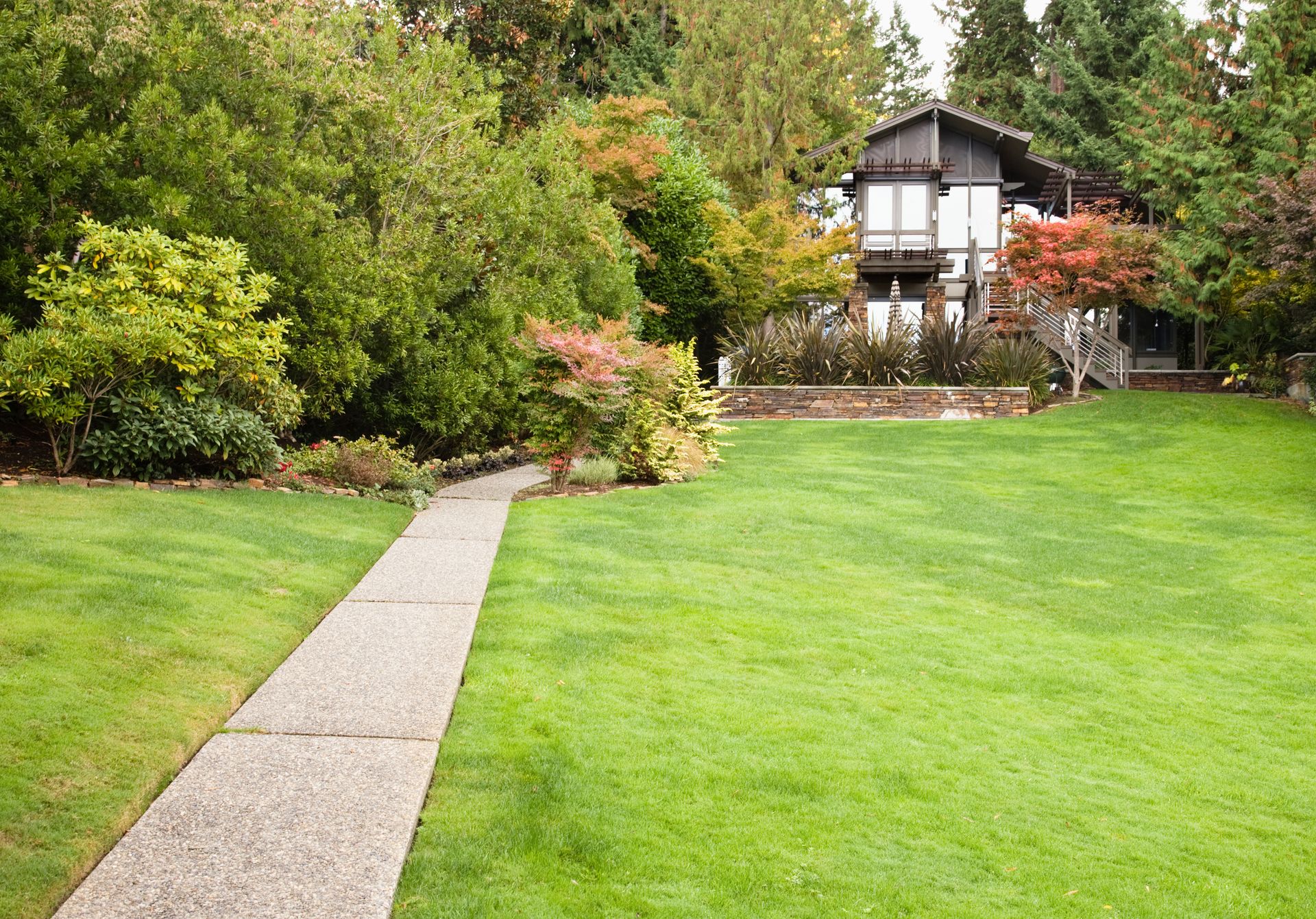 Curved concrete path through a green lawn toward a house surrounded by trees and shrubs