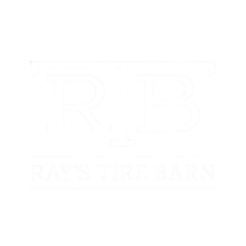 A black and white logo for ray 's tire barn.